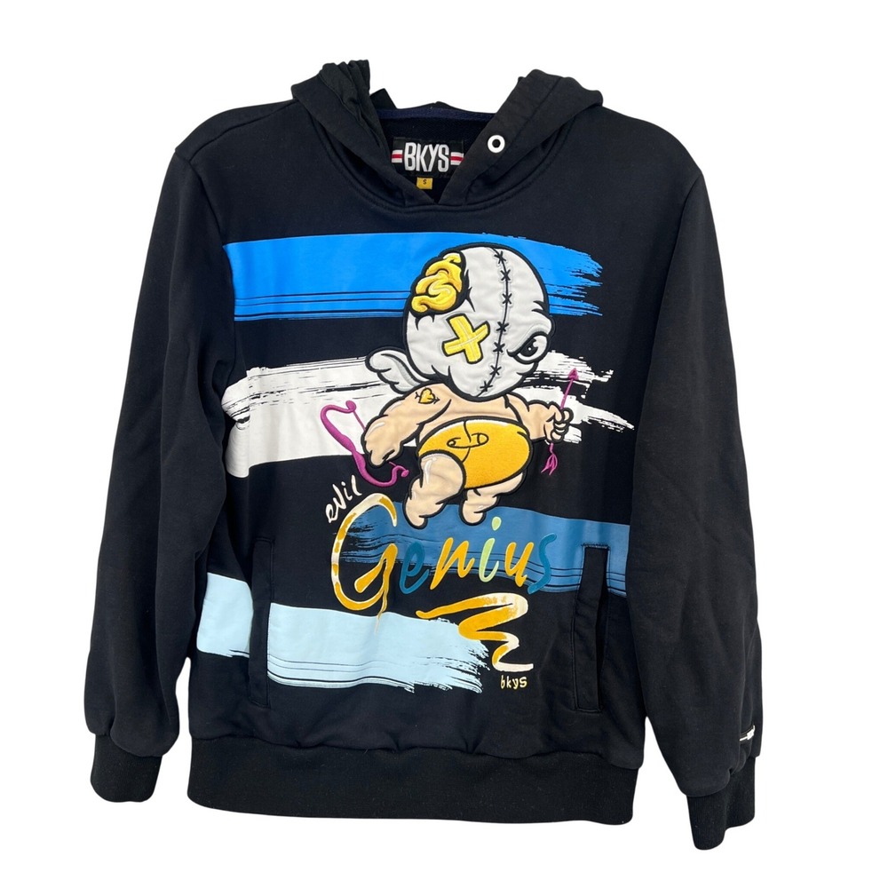BKYS Evil Genius Graphic Hoodie Men's S Black Streetwear Pullover Edgy Art Y2K